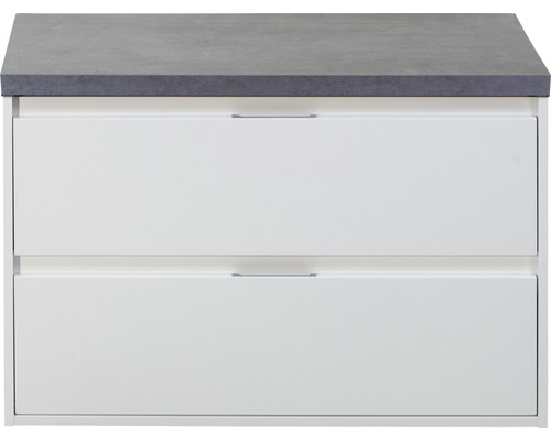 Meuble sous-vasque Porto 90 cm avec plan de toilette blanc à haute brillance/béton anthracite Meuble sous-vasque Porto 90 cm avec plan de toilette blanc à haute brillance/béton anthracite