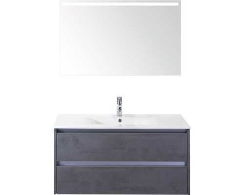 Set de meubles de salle de bains Sanox Dante lxhxp 101 x 170 x 46 cm couleur de façade béton anthracite avec vasque en céramique blanc et vasque céramique miroir avec éclairage LED meuble sous vasque