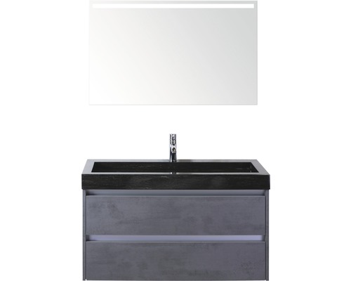 Set de meubles de salle de bains Sanox Dante lxhxp 101 x 170 x 45,5 cm couleur de façade béton anthracite avec lavabo en vasque naturelle noir et vasque en pierre naturelle miroir avec éclairage LED meuble sous vasque