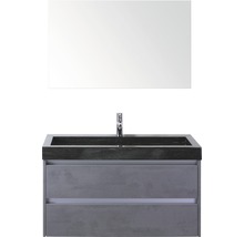 Badmöbel-Set Sanox Dante BxHxT 101 x 170 x 45,5 cm Frontfarbe beton anthrazit mit Waschtisch Naturstein schwarz und Naturstein-Waschtisch Spiegel Waschtischunterschrank
