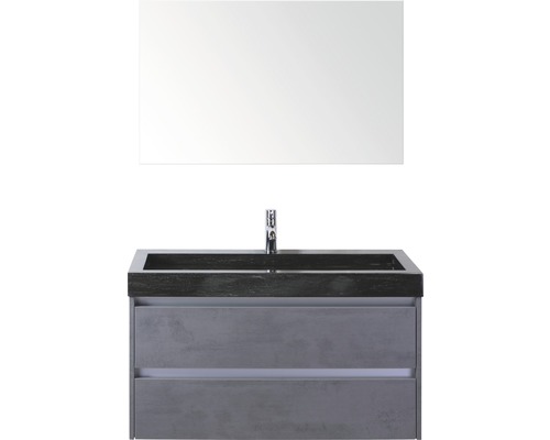 Badmöbel-Set Sanox Dante BxHxT 101 x 170 x 45,5 cm Frontfarbe beton anthrazit mit Waschtisch Naturstein schwarz und Naturstein-Waschtisch Spiegel Waschtischunterschrank