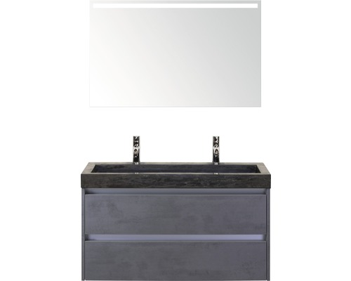 Badmöbel-Set Sanox Dante BxHxT 101 x 170 x 45,5 cm Frontfarbe beton anthrazit mit Waschtisch Naturstein schwarz und Naturstein-Doppelwaschtisch Spiegel mit LED-Beleuchtung Waschtischunterschrank