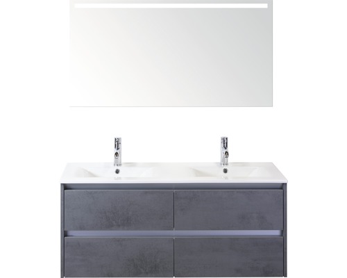 Set de meubles de salle de bains Sanox Dante lxhxp 121 x 170 x 46 cm couleur de façade béton anthracite avec vasque en céramique blanc et double vasque en céramique miroir avec éclairage LED meuble sous vasque