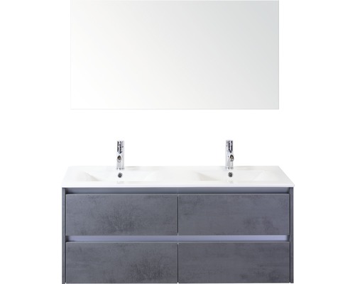 Set de meubles de salle de bains Sanox Dante lxhxp 121 x 170 x 46 cm couleur de façade béton anthracite avec vasque en céramique blanc et double vasque en céramique miroir meuble sous vasque