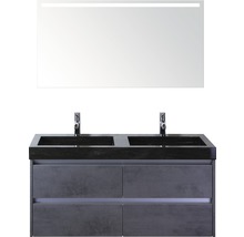 Badmöbel-Set Sanox Dante BxHxT 121 x 170 x 45,5 cm Frontfarbe beton anthrazit mit Waschtisch Naturstein schwarz und Naturstein-Doppelwaschtisch Spiegel mit LED-Beleuchtung Waschtischunterschrank