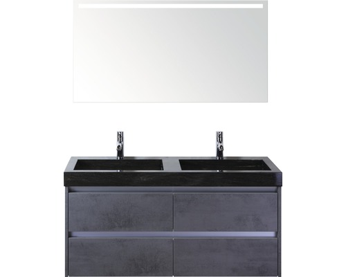 Badmöbel-Set Sanox Dante BxHxT 121 x 170 x 45,5 cm Frontfarbe beton anthrazit mit Waschtisch Naturstein schwarz und Naturstein-Doppelwaschtisch Spiegel mit LED-Beleuchtung Waschtischunterschrank