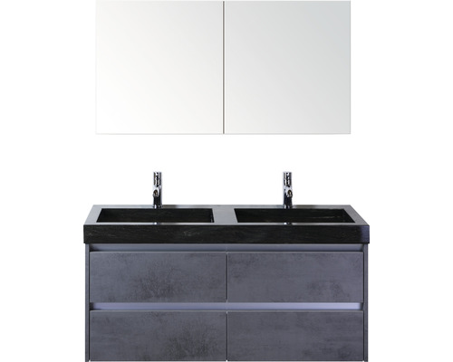 Set de meubles de salle de bains Sanox Dante lxhxp 121 x 170 x 45,5 cm couleur de façade béton anthracite avec vasque en pierre naturelle noir