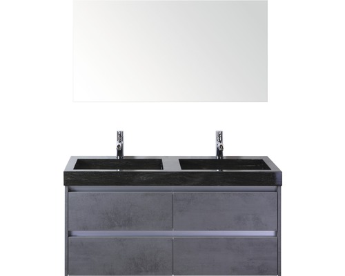 Badmöbel-Set Sanox Dante BxHxT 121 x 170 x 45,5 cm Frontfarbe beton anthrazit mit Waschtisch Naturstein schwarz und Naturstein-Doppelwaschtisch Spiegel Waschtischunterschrank