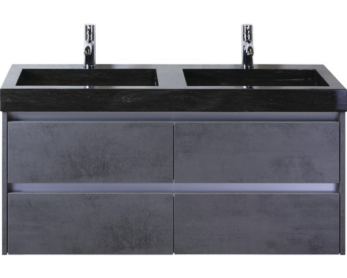 Set de meubles de salle de bains Sanox Dante lxhxp 121 x 58 x 45,5 cm couleur de façade béton anthracite avec vasque en pierre naturelle noir