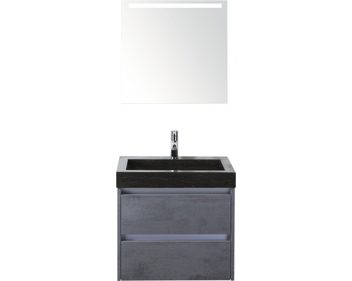 Set de meubles de salle de bains Sanox Dante lxhxp 61 x 170 x 45,5 cm couleur de façade béton anthracite avec lavabo en vasque naturelle noir et vasque en pierre naturelle miroir avec éclairage LED meuble sous vasque