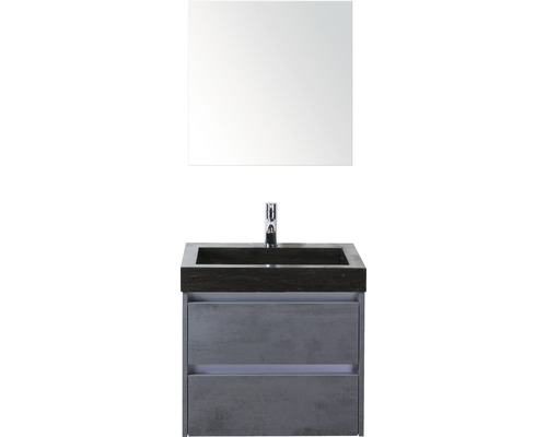 Set de meubles de salle de bains Sanox Dante lxhxp 61 x 170 x 45,5 cm couleur de façade béton anthracite avec vasque en pierre naturelle noir