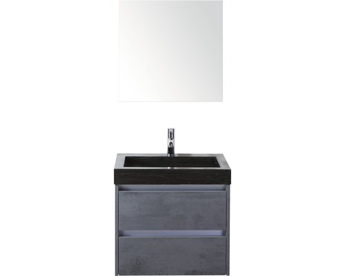 Set de meubles de salle de bains Sanox Dante lxhxp 61 x 170 x 45,5 cm couleur de façade béton anthracite avec vasque en pierre naturelle noir et vasque en pierre naturelle miroir meuble sous vasque