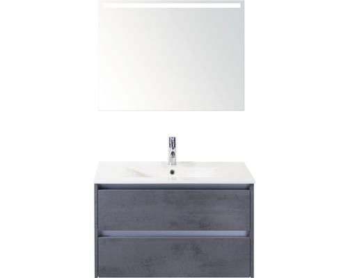 Set de meubles de salle de bains Sanox Dante lxhxp 81 x 170 x 46 cm couleur de façade béton anthracite avec vasque en céramique blanc et vasque céramique miroir avec éclairage LED meuble sous vasque