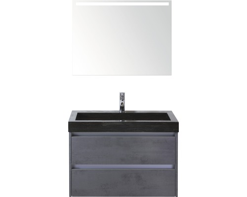 Set de meubles de salle de bains Sanox Dante lxhxp 81 x 170 x 45,5 cm couleur de façade béton anthracite avec lavabo en vasque naturelle noir et vasque en pierre naturelle miroir avec éclairage LED meuble sous vasque