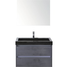 Badmöbel-Set Sanox Dante BxHxT 81 x 170 x 45,5 cm Frontfarbe beton anthrazit mit Waschtisch Naturstein schwarz und Naturstein-Waschtisch Spiegel Waschtischunterschrank