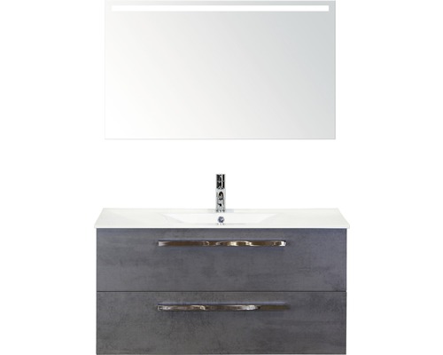 Badmöbel-Set Sanox Seville BxHxT 101 x 170 x 46 cm Frontfarbe beton anthrazit mit Waschtisch Keramik weiß und Waschtischunterschrank Waschtisch Spiegel mit LED-Beleuchtung Waschtischkombination mit Waschbecken, Armatur und Spiegel