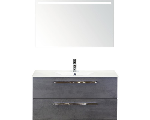 Set de meubles de salle de bains Sanox Seville lxhxp 101 x 170 x 46 cm couleur de façade béton anthracite avec vasque céramique blanc et meuble sous vasque vasque miroir avec éclairage LED