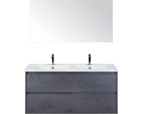 Badmöbel-Set Sanox Porto BxHxT 121 x 170 x 51 cm Frontfarbe beton anthrazit mit Waschtisch Keramik weiß und Waschtischunterschrank Keramik-Doppelwaschtisch Spiegel