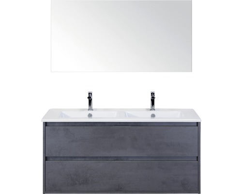 Set de meubles de salle de bains Sanox Porto lxhxp 121 x 170 x 51 cm couleur de façade béton anthracite avec vasque céramique blanc et meuble sous vasque vasque double céramique miroir