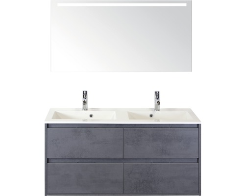 Badmöbel-Set Sanox Porto BxHxT 121 x 170 x 51 cm Frontfarbe beton anthrazit mit Waschtisch Mineralguss weiß und Mineralguss-Doppelwaschtisch Waschtischunterschrank Spiegelschrank mit LED-Beleuchtung