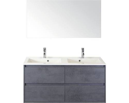 Set de meubles de salle de bains Sanox Porto lxhxp 121 x 170 x 51 cm couleur de façade béton anthracite avec vasque en fonte minérale blanc et vasque double en fonte minérale meuble sous vasque miroir