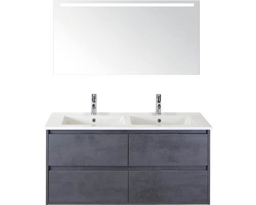 Set de meubles de salle de bains Sanox Porto lxhxp 121 x 170 x 51 cm couleur de façade béton anthracite avec vasque céramique blanc et meuble sous vasque vasque double céramique miroir avec éclairage LED
