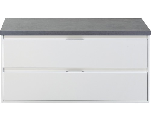 Meuble sous vasque Sanox Porto couleur de façade blanc haute brillance lxhxp 120 x 59 x 50 cm plan de toilette béton anthracite 84737301 Meuble sous-lavabo avec deux tiroirs et étagère