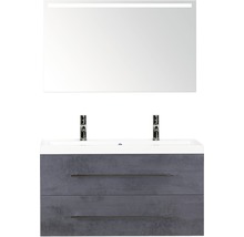 Badmöbel-Set Sanox Straight BxHxT 100 x 170 x 40 cm Frontfarbe beton anthrazit mit Waschtisch Mineralguss weiß und Waschtischunterschrank Mineralguss-Doppelwaschtisch Spiegel mit LED-Beleuchtung