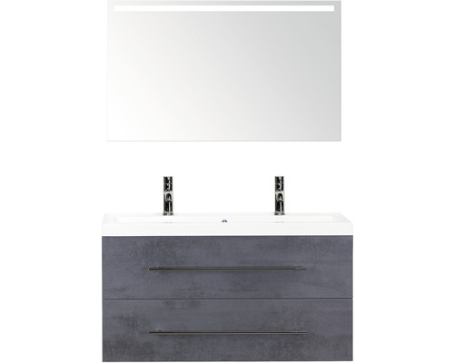Badmöbel-Set Sanox Straight BxHxT 100 x 170 x 40 cm Frontfarbe beton anthrazit mit Waschtisch Mineralguss weiß und Waschtischunterschrank Mineralguss-Doppelwaschtisch Spiegel mit LED-Beleuchtung