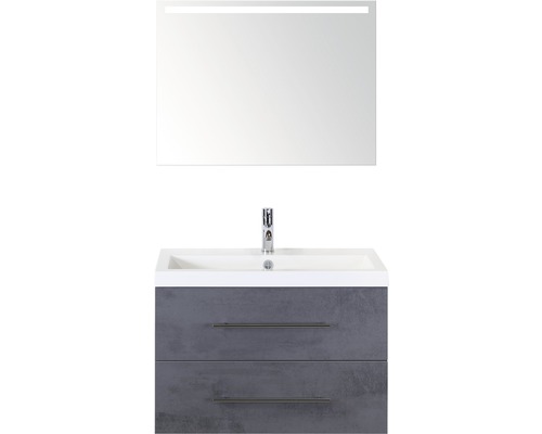 Badmöbel-Set Sanox Straight BxHxT 80 x 170 x 40 cm Frontfarbe beton anthrazit mit Waschtisch Mineralguss weiß und Waschtischunterschrank Mineralguss-Waschtisch Spiegel mit LED-Beleuchtung