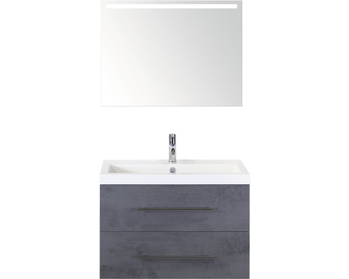 Badmöbel-Set Sanox Straight BxHxT 80 x 170 x 40 cm Frontfarbe beton anthrazit mit Waschtisch Mineralguss weiß und Waschtischunterschrank Mineralguss-Waschtisch Spiegel mit LED-Beleuchtung Waschtisch mit zwei Schubladen, Waschbecken und Spiegel mit Beleuchtung
