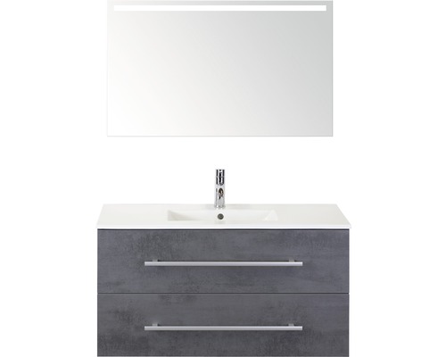 Badmöbel-Set Sanox Stretto BxHxT 101 x 170 x 39 cm Frontfarbe beton anthrazit mit Waschtisch Keramik weiß und Waschtischunterschrank Keramik-Waschtisch Spiegel mit LED-Beleuchtung Waschtischunterschrank mit zwei Schubladen, Waschbecken und Spiegel mit Beleuchtung