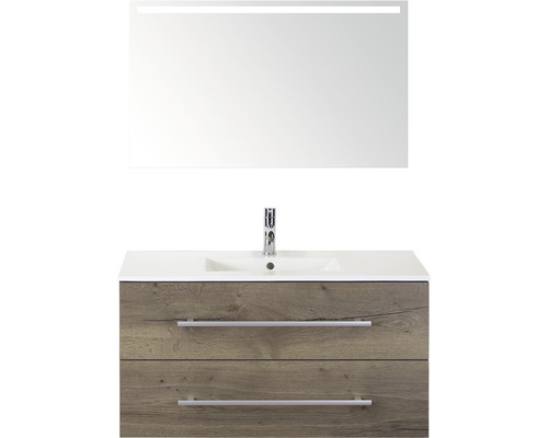 Badmöbel-Set Sanox Stretto BxHxT 101 x 170 x 39 cm Frontfarbe tabacco mit Waschtisch Keramik weiß und Waschtischunterschrank Keramik-Waschtisch Spiegel mit LED-Beleuchtung