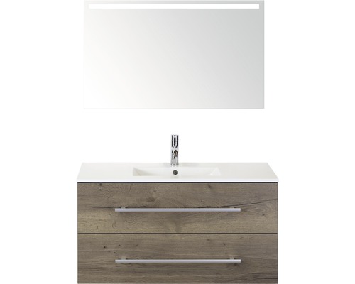 Badmöbel-Set Sanox Stretto BxHxT 101 x 170 x 39 cm Frontfarbe tabacco mit Waschtisch Keramik weiß und Waschtischunterschrank Keramik-Waschtisch Spiegel mit LED-Beleuchtung Waschtisch mit Spiegel und zwei Schubladen