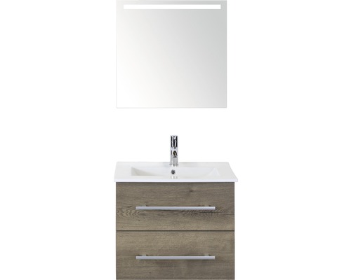 Set de meubles de salle de bains Sanox Stretto lxhxp 61 x 170 x 39 cm couleur de façade tabac avec vasque céramique blanc et meuble sous vasque vasque céramique miroir avec éclairage LED