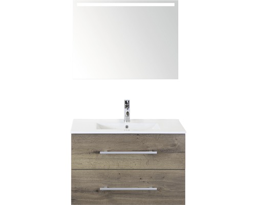 Badmöbel-Set Sanox Stretto BxHxT 81 x 170 x 39 cm Frontfarbe tabacco mit Waschtisch Keramik weiß und Waschtischunterschrank Keramik-Waschtisch Spiegel mit LED-Beleuchtung