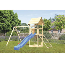 Holzspillturm mat Rutsch a Schaukel am Gaart