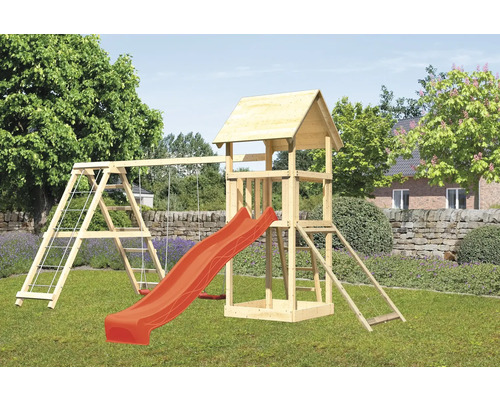 Holzspielturm mit Rutsche, Schaukel und Leiter im Garten