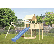 Aire de jeux avec balançoire, toboggan et tour en bois dans le jardin.