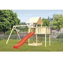 Aire de jeux avec toboggan et balançoire en bois dans le jardin
