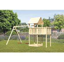 Tour de jeu avec balançoire en bois dans le jardin