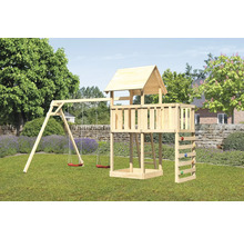 Tour de jeux en bois avec balançoire, mur d''escalade et échelle dans le jardin.