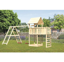 Tour de jeux en bois avec balançoire, mur d''escalade et échelle dans le jardin