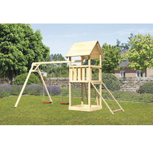 Aire de jeux avec balançoire et tour de jeux en bois dans le jardin
