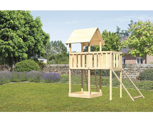 Tour de jeux cabane de jeux Karibu Lotti 107 x 107 cm en bois composée d'une extension, d'une rampe en filet Tour de jeu en bois avec échelle et toboggan dans le jardin