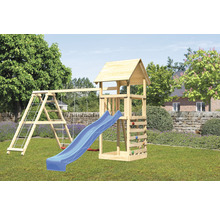 Aire de jeux avec balançoire, toboggan, mur d''escalade et tour en bois dans le jardin
