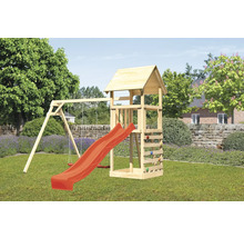 Tour de jeu en bois avec balançoire et toboggan dans le jardin