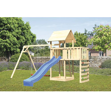 Aire de jeux avec balançoire, toboggan, cabane et mur d''escalade dans le jardin
