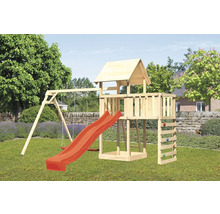 Aire de jeux avec balançoire, toboggan, mur d''escalade et cabane en bois dans le jardin