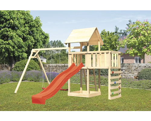 Spielturm Spielhaus Karibu Lotti 107 x 107 cm Holz bestehend aus Rutsche, 2 Brettschaukeln, Anbau, Kletterwand, rot Spielplatz mit Schaukel, Rutsche, Kletterwand und Spielhaus aus Holz im Garten